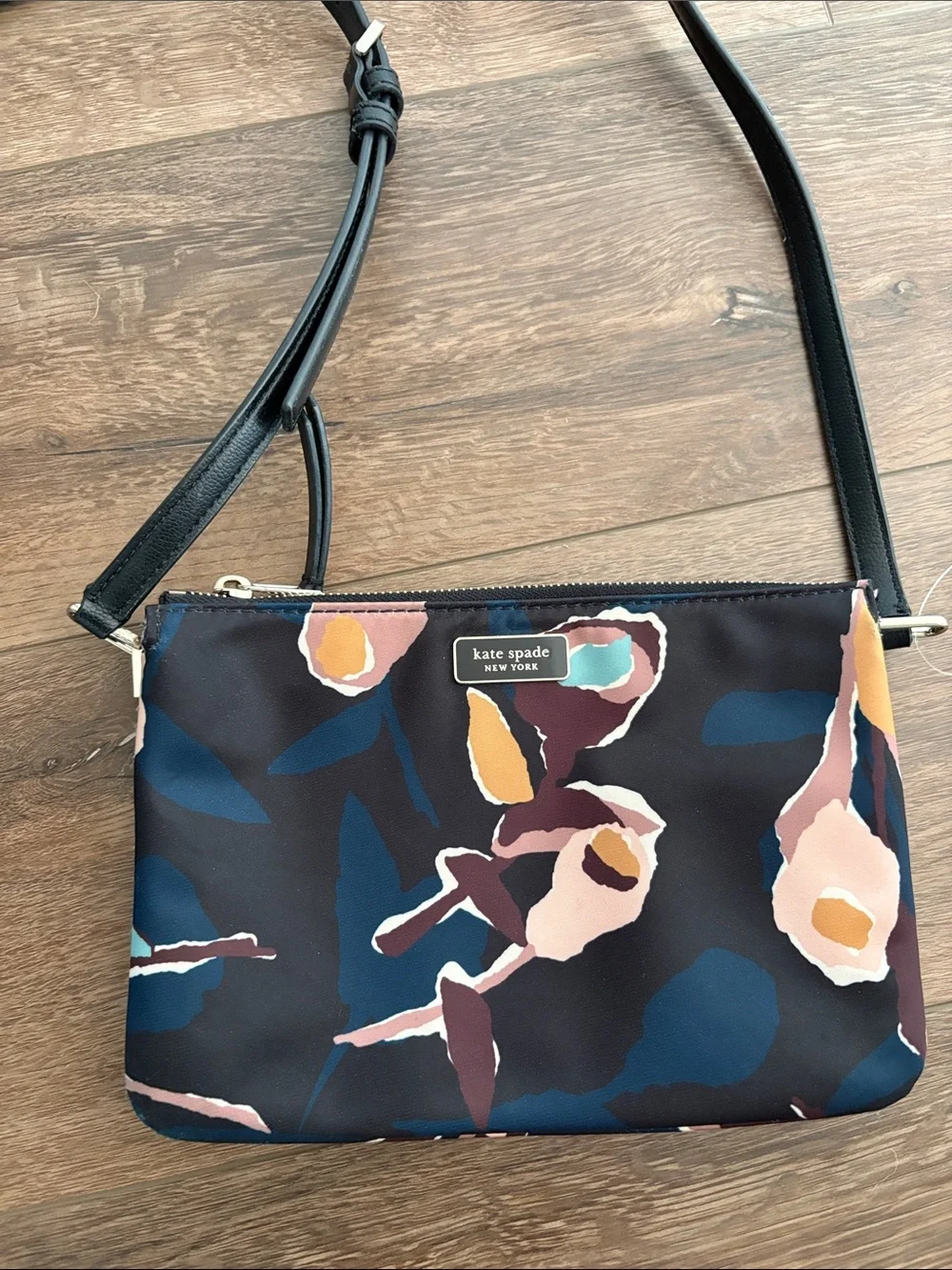 kate spade Floral Print Crossbody Bag - Black with Blue, Pink & Mustard